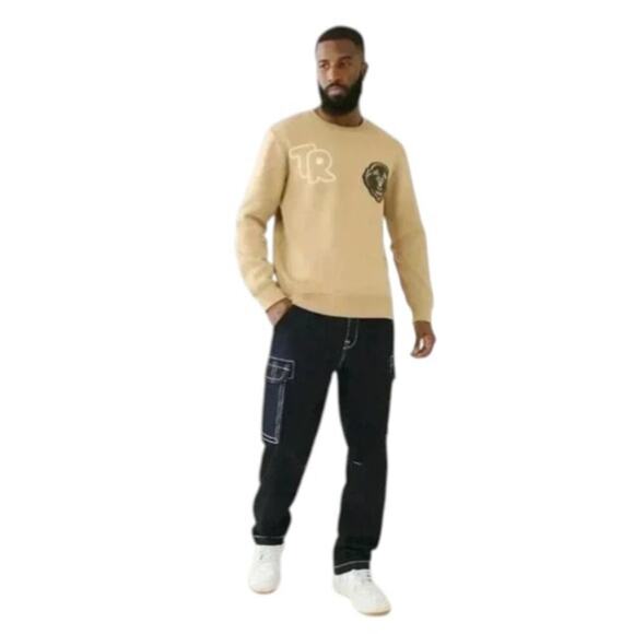 True Religion TR Buddha Embroidered Logo Sweatshirt Size Small Tan Crewneck NWT - Picture 1 of 7